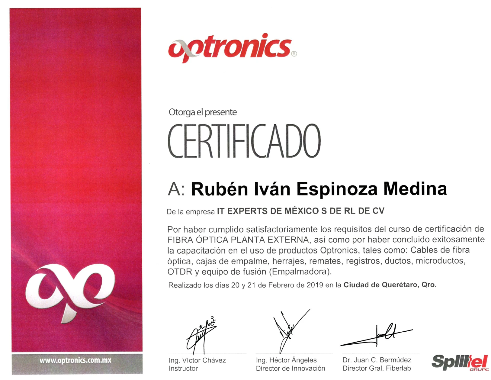 Certificado Optronics de Fibra Óptica Planta Externa otorgado a personal de IT Experts de México