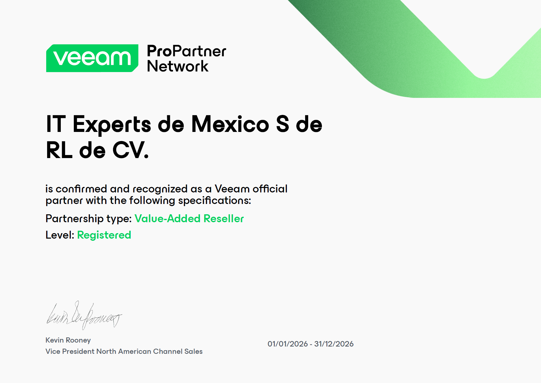 Certificado oficial Veeam ProPartner Network 2026 otorgado a IT Experts de México